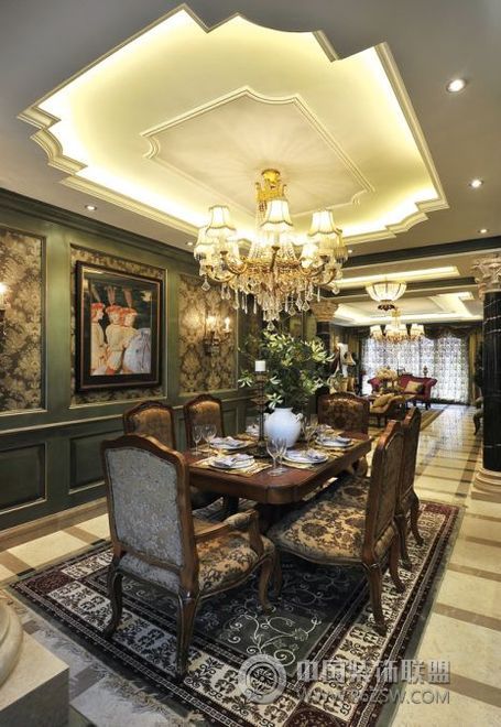 美式别墅餐厅吊顶设计案例美式风格餐厅装修效果图