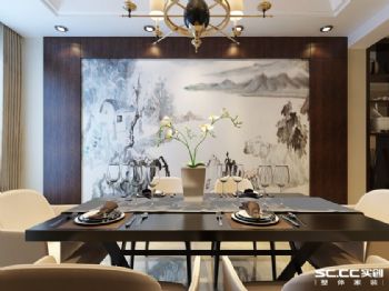 【上海实创装饰】汤臣一号189平简洁大方的新中式复式中式餐厅装修图片