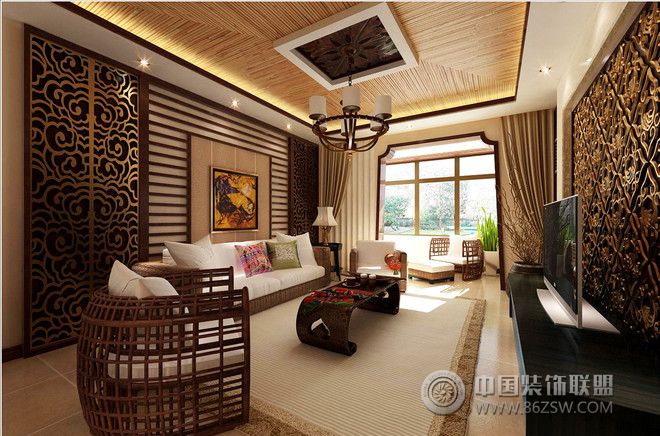 东南亚客厅镂空背景设计东南亚风格客厅装修效果图