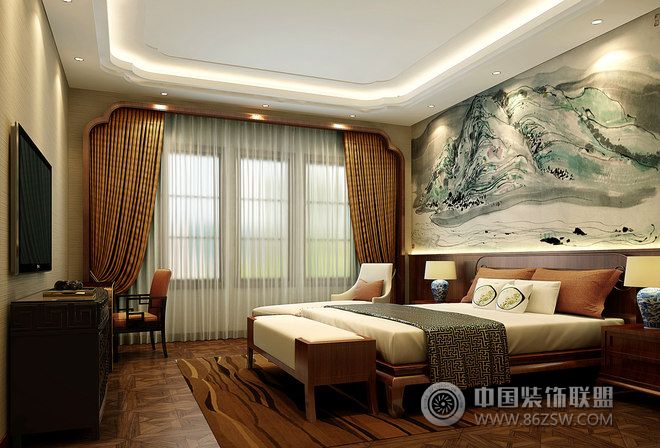 中式茶禅别墅设计中式风格卧室装修效果图